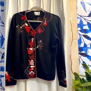 Women’s Just B Christmas Cotton & Rayon Black & Red Cardigan Sweater Size M
